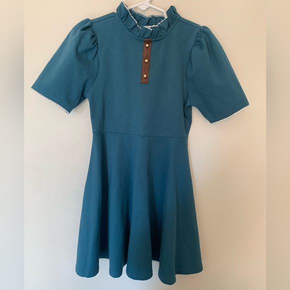 Janie and Jack Girls Turquoise Dress Size 8 Short Sleeve Blue Teal Collar - Picture 1 of 6